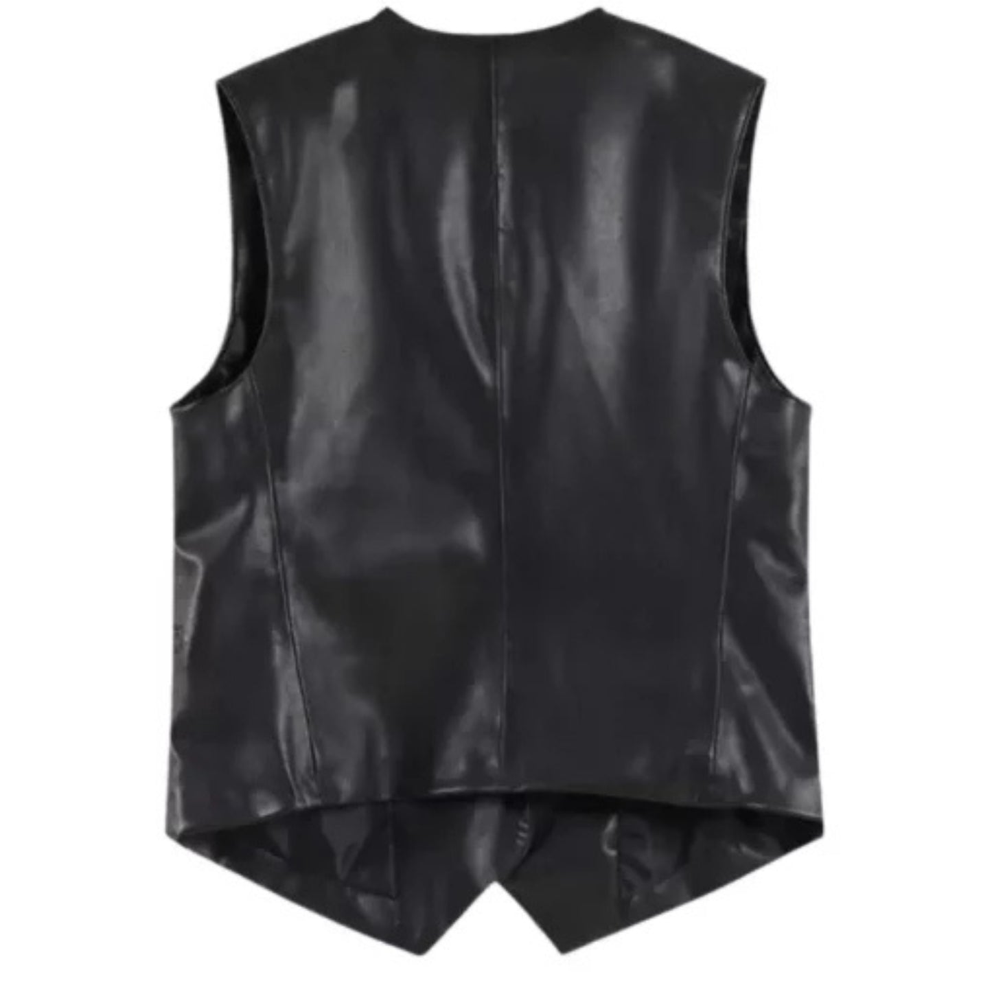 Men’s black faux leather vest with sleek modern design and tailored fit.
