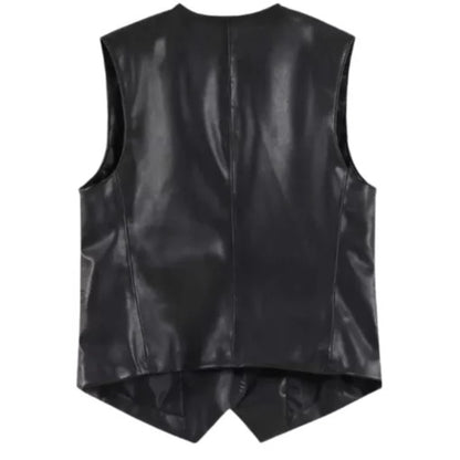Men’s black faux leather vest with sleek modern design and tailored fit.
