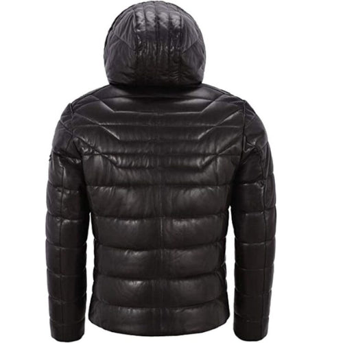 Men’s Black Puffer Hooded Jacket featuring insulated warmth, a sleek design, and a cozy hood for winter comfort.