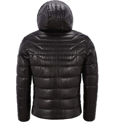 Men’s Black Puffer Hooded Jacket featuring insulated warmth, a sleek design, and a cozy hood for winter comfort.