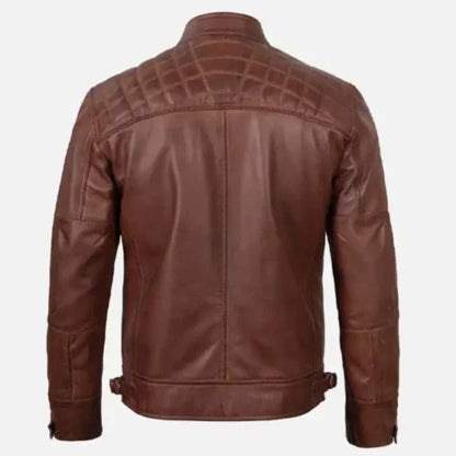 Man wearing men’s slim fit brown café racer leather jacket