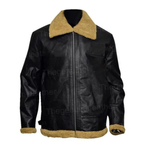 Man wearing the Men’s Aviator Black Jacket featuring premium black leather, classic flight-inspired design, and a warm shearling lining for a stylish and rugged look.