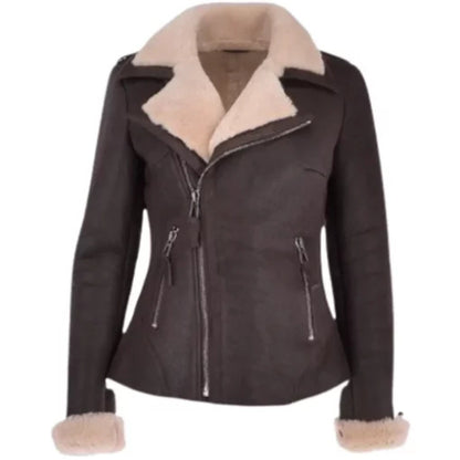 Women’s Aviator Shearling Jacket featuring premium leather, soft shearling lining, and a classic aviator design for timeless warmth and stylish winter wear.