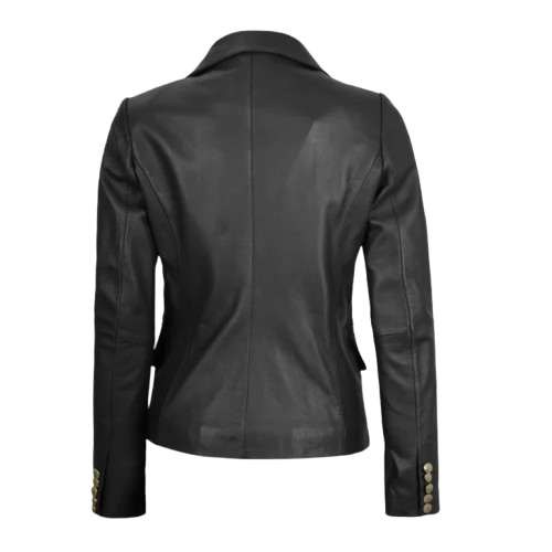 Women’s premium double-breasted black leather blazer with a sleek, sophisticated design.