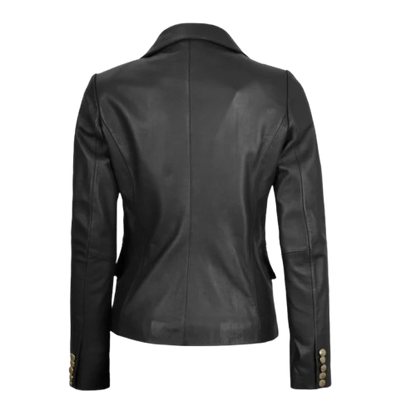 Women’s premium double-breasted black leather blazer with a sleek, sophisticated design.