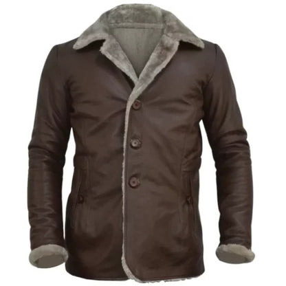 "Men’s brown slim fit leather blazer with fur collar, styled for a modern and sophisticated look."