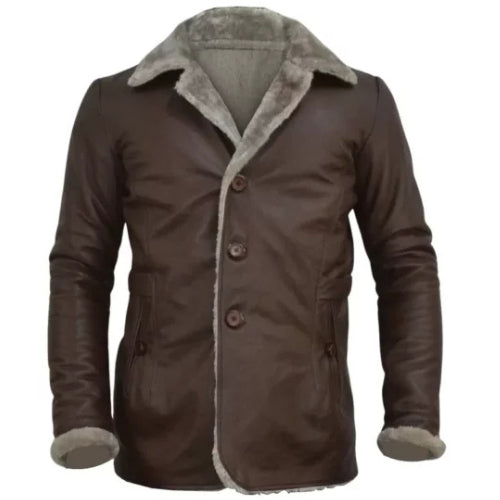 "Men’s brown slim fit leather blazer with fur collar, styled for a modern and sophisticated look."