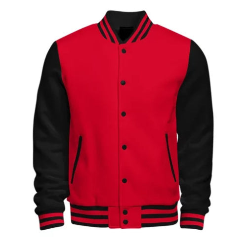 Casual Red and Black Varsity Jacket featuring bold color contrast, modern sporty design, and comfortable everyday wear.