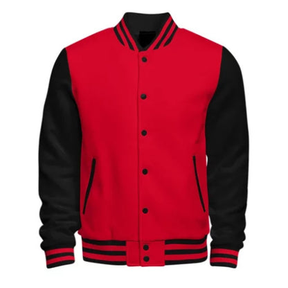 Casual Red and Black Varsity Jacket featuring bold color contrast, modern sporty design, and comfortable everyday wear.