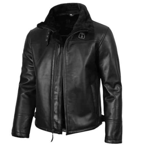 Man wearing the Men’s B3 Bomber Black Shearling Leather Jacket featuring premium black leather, soft shearling lining, and a classic aviator bomber design for a warm and stylish winter look.