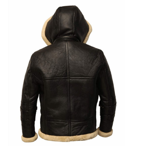 Man wearing the B3 Shearling Removable Hood Black Jacket featuring premium black leather, soft shearling lining, and a detachable hood for a stylish and warm winter look.