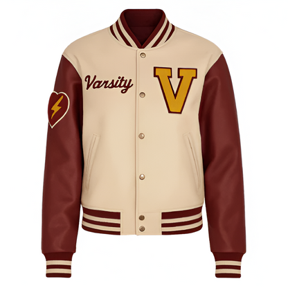 Step Into Sophistication with the Beige V Patch Wool Varsity Jacket
