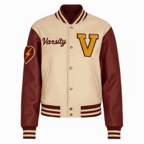 Unisex Beige V Patch Wool Varsity Leather Jacket featuring premium wool fabric, leather sleeves, and classic varsity detailing for a stylish and sophisticated streetwear look.