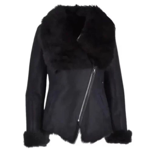 Women’s Black Shearling Jacket featuring premium leather, soft shearling lining, and a sleek design for warmth and stylish winter wear.