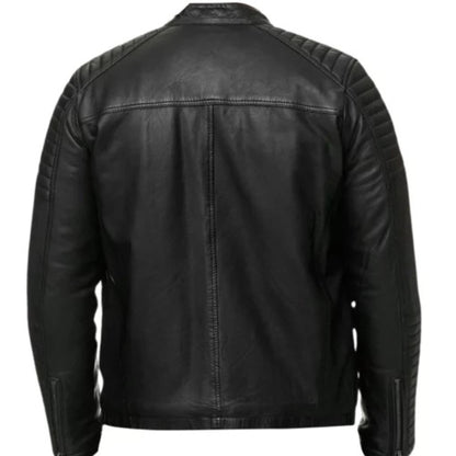 “Men’s black quilted motorcycle jacket, stylish and rugged outerwear for biking and casual wear”