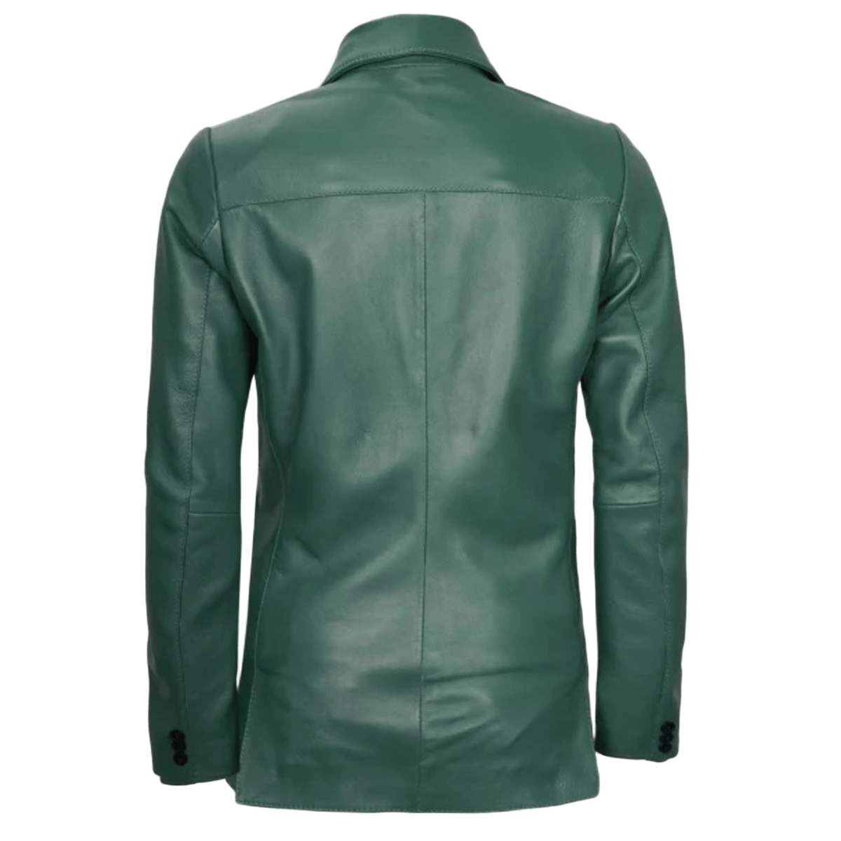 Women’s green two-button leather blazer with a stylish, elegant, and modern design.