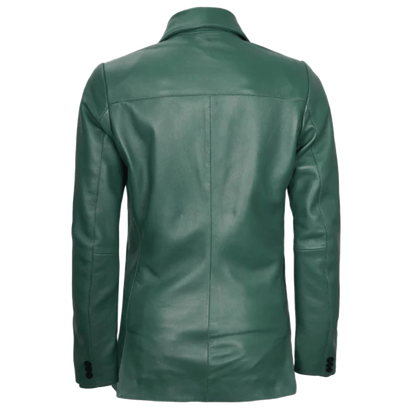 Women’s green two-button leather blazer with a stylish, elegant, and modern design.