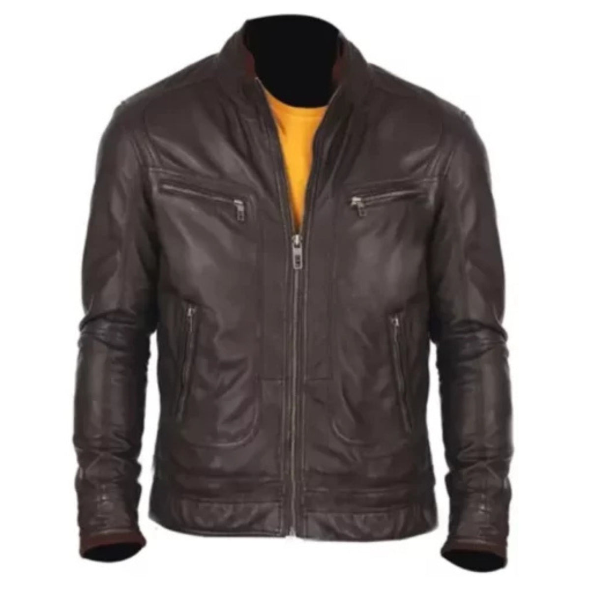 Men’s stylish black lambskin leather jacket featuring a sleek modern design, durable soft leather, zip closure, and versatile style for riding or casual wear.