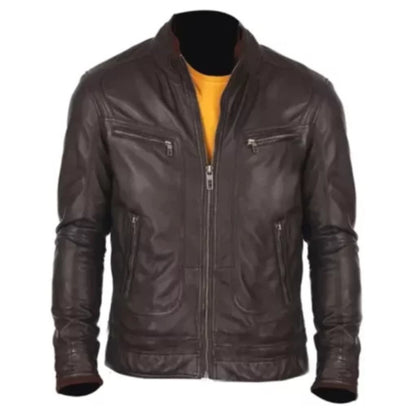 Men’s stylish black lambskin leather jacket featuring a sleek modern design, durable soft leather, zip closure, and versatile style for riding or casual wear.