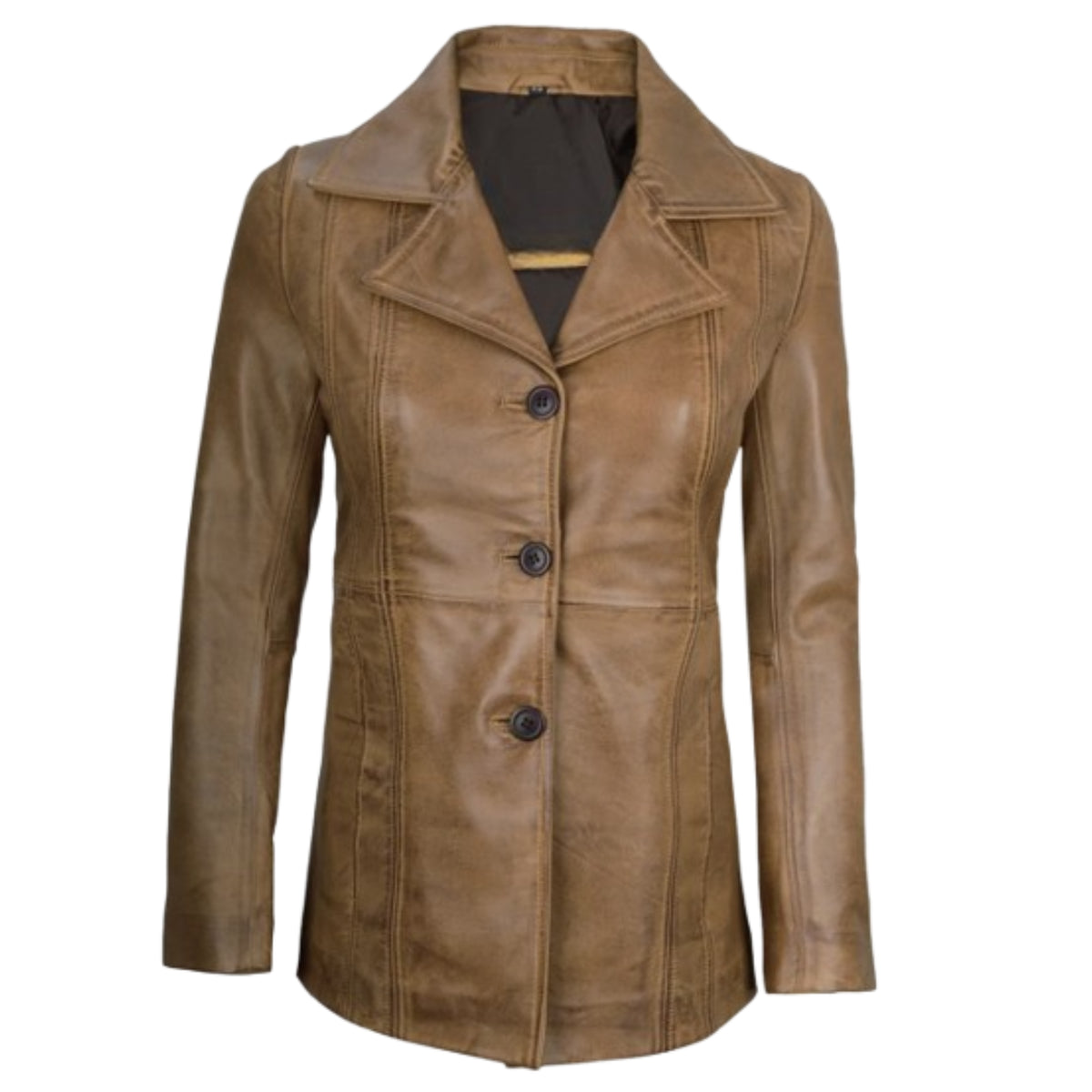Women’s premium three-button camel brown leather blazer with a sophisticated and elegant design.