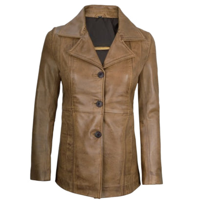 Women’s premium three-button camel brown leather blazer with a sophisticated and elegant design.