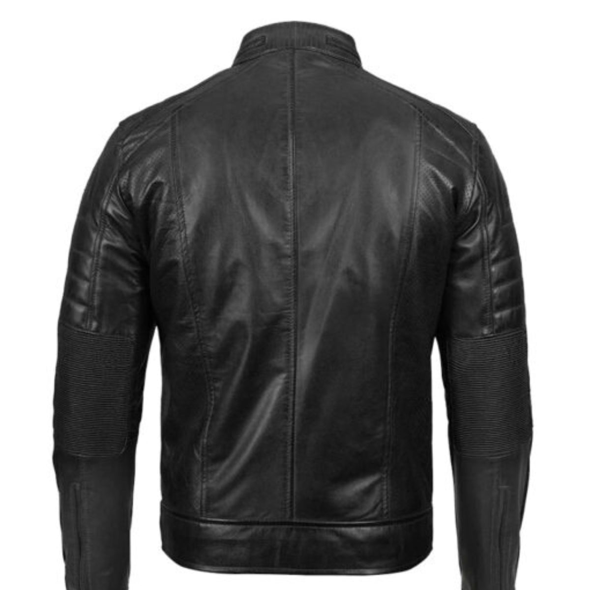 Man wearing men’s black lambskin leather café racer jacket