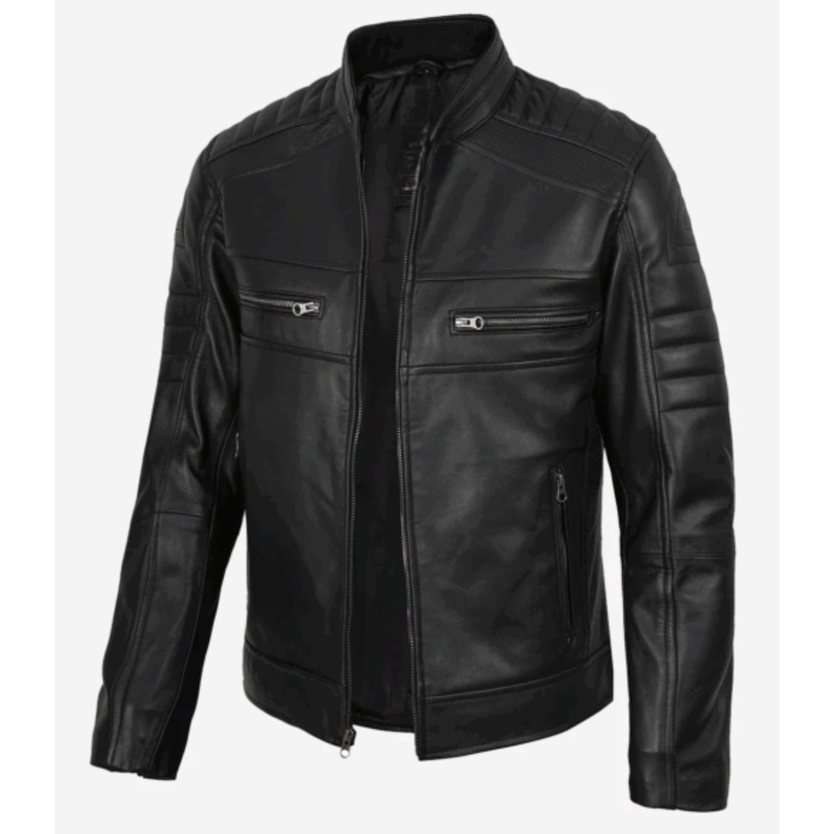 Man wearing men’s black leather café racer jacket