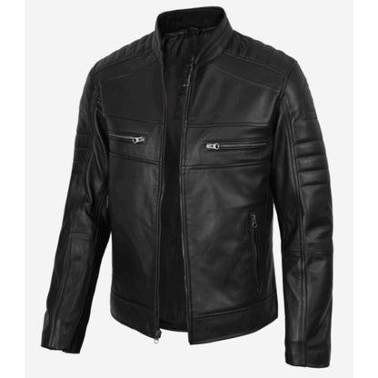 Man wearing men’s black leather café racer jacket