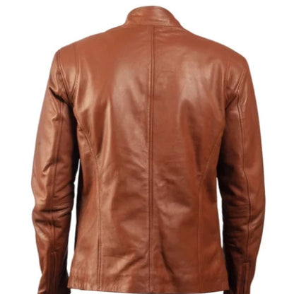 Men’s brown leather fashion jacket featuring premium genuine leather, classic heritage design, sleek zipper closure, and timeless vintage style for a refined modern look.