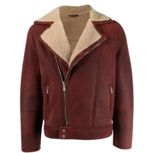 Men’s aviator burgundy leather jacket featuring a classic flight design with soft shearling lining, front zipper closure, and timeless vintage appeal.