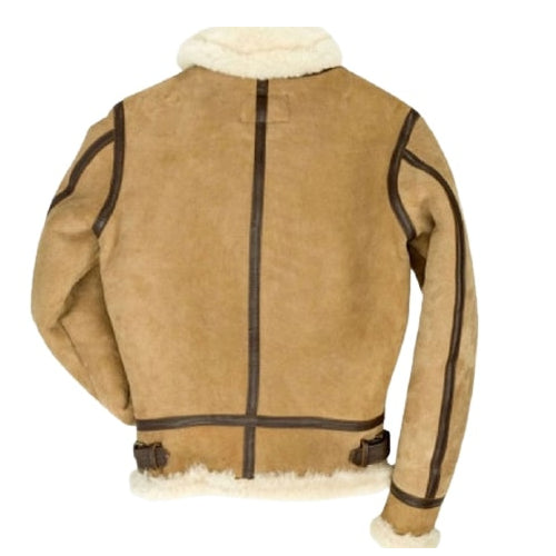 Men’s B3 bomber suede leather shearling jacket featuring a plush shearling collar, front zipper closure, and rugged yet luxurious design for winter warmth