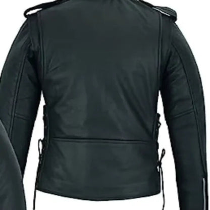Women’s classic motorcycle leather jacket with timeless biker style and sleek comfortable fit