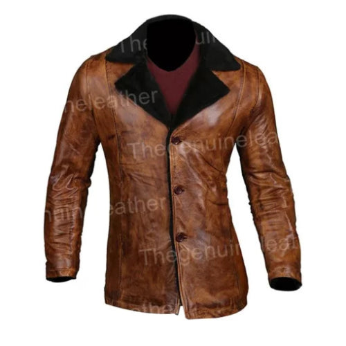 Men’s Distressed Brown Shearling Coat showcasing vintage style and premium leather craftsmanship for timeless warmth and elegance.