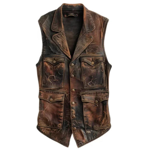 Men’s Brown Vintage Distressed Leather Vest featuring a rugged, timeless design crafted from premium leather for a classic and stylish look.