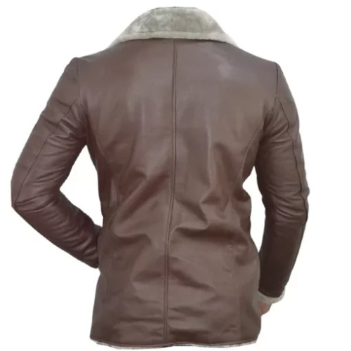 Men’s brown slim fit leather blazer with fur collar, styled for a modern and sophisticated look.