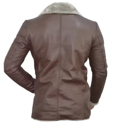 Men’s brown slim fit leather blazer with fur collar, styled for a modern and sophisticated look.
