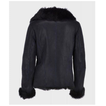 Women’s Black Shearling Jacket featuring premium leather, soft shearling lining, and a sleek design for warmth and stylish winter wear.