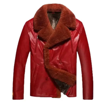 Front view of a men’s red shearling leather jacket with warm lining, classic collar, and stylish design.