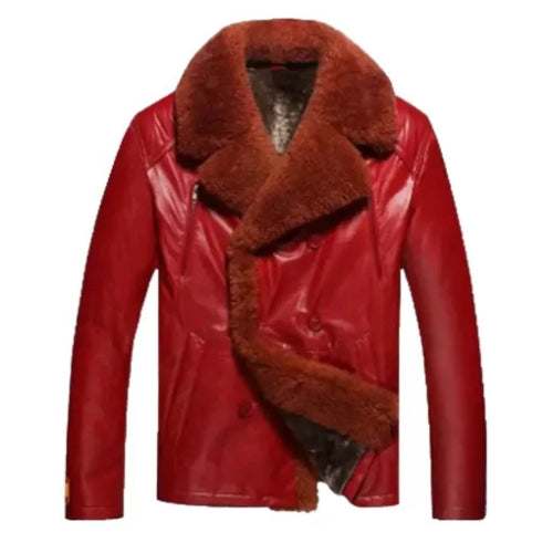 Front view of a men’s red shearling leather jacket with warm lining, classic collar, and stylish design.
