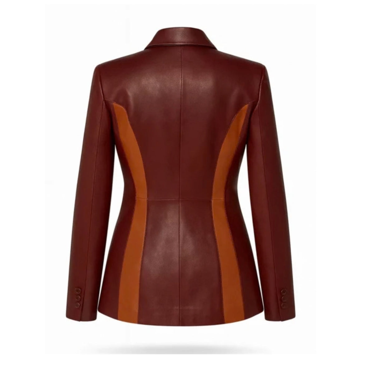 Women’s burgundy two-tone lambskin leather blazer with a luxurious finish and elegant tailored design.