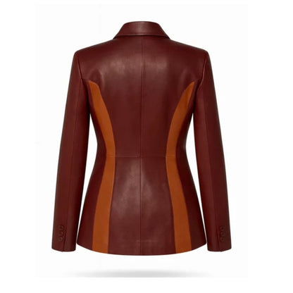 Women’s burgundy two-tone lambskin leather blazer with a luxurious finish and elegant tailored design.