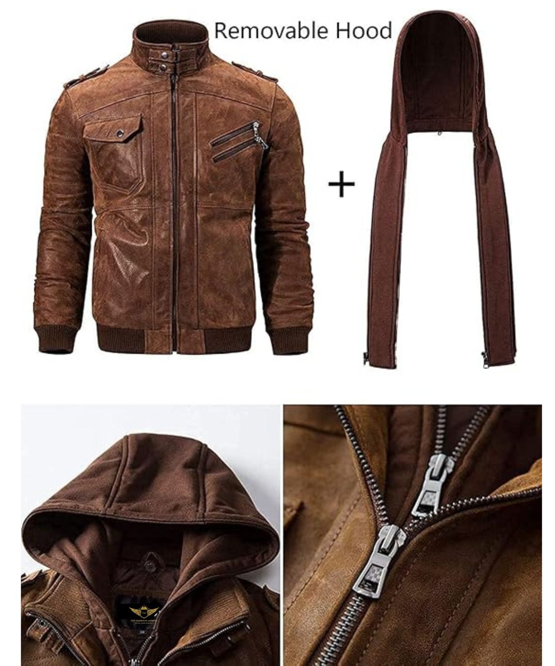 FLAVOR Men's Leather Jacket Men's Jacket with Detachable Hoodie Jacket