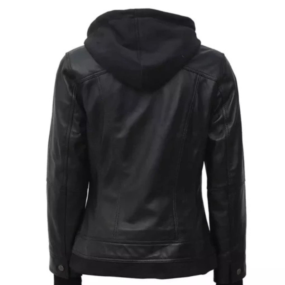 Women’s black leather bomber jacket with removable hood and versatile all-season style