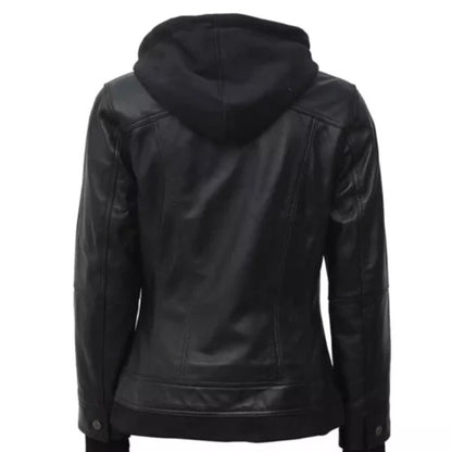 Women’s black leather bomber jacket with removable hood and versatile all-season style