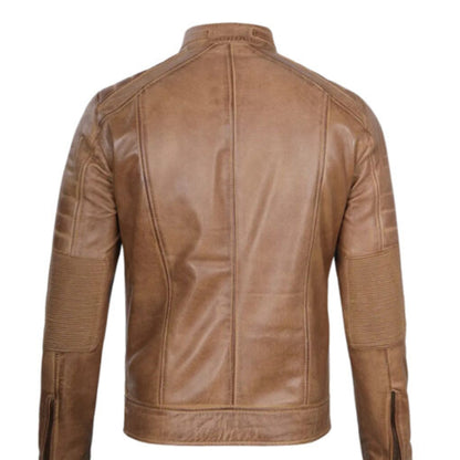 Men wearing classic motorcycle style camel brown leather jacket