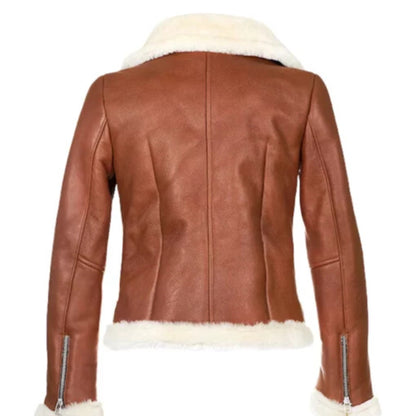 Women’s chestnut aviator shearling jacket with warm vintage style and premium comfort lining