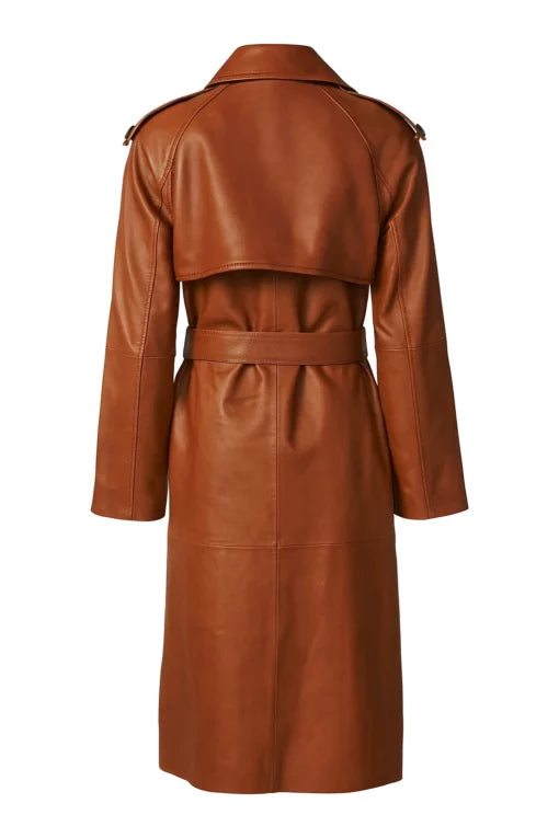 Women Genuine Brown Leather Trench Coat