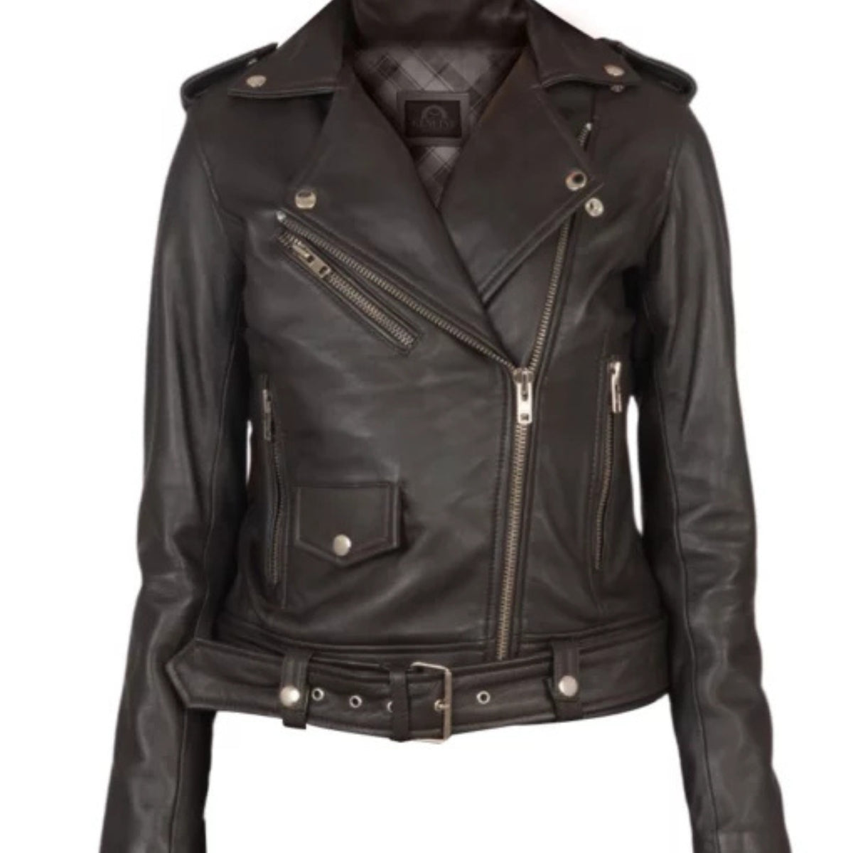 Women Alison brown biker jacket with classic moto style and sleek comfortable fit