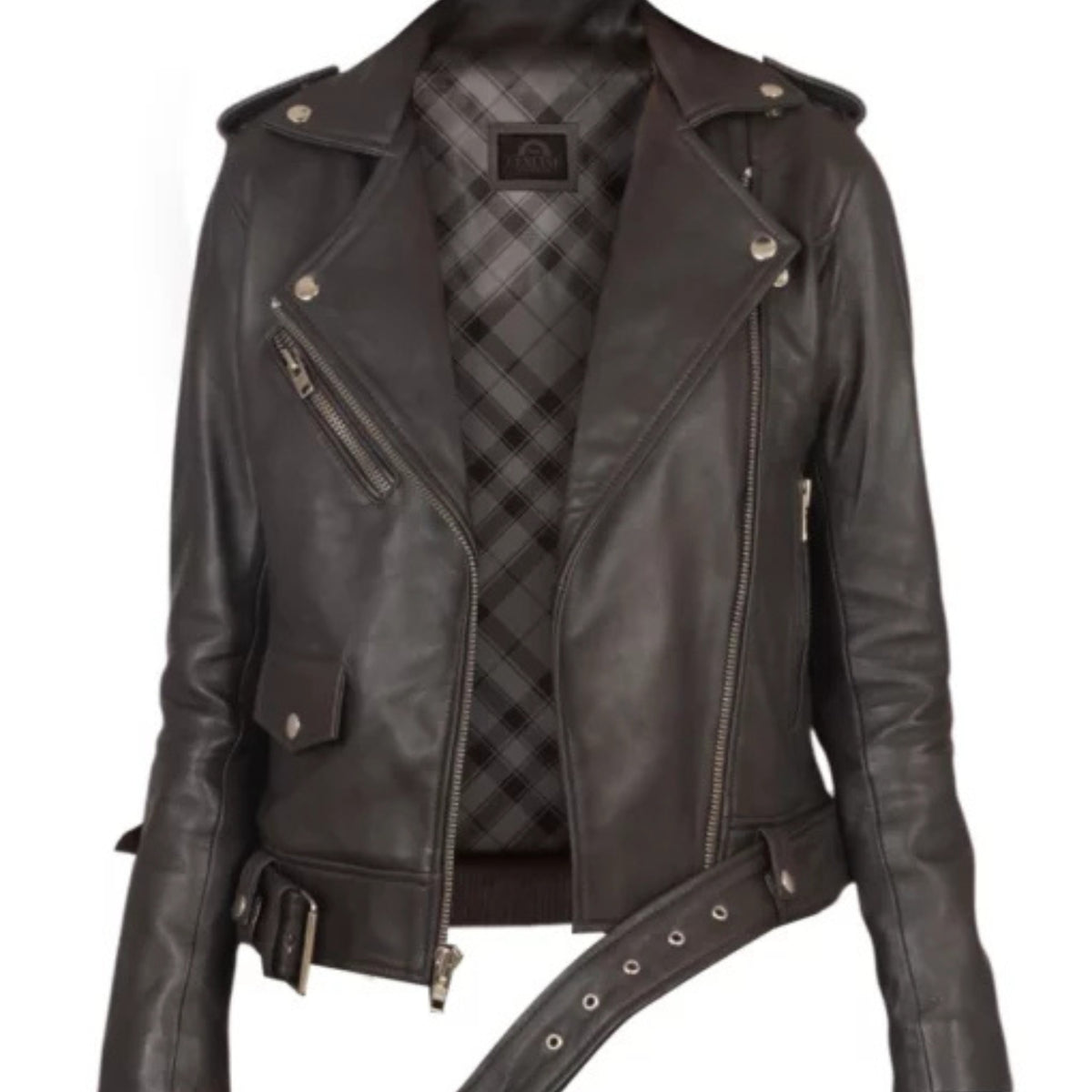 Women Alison brown biker jacket with classic moto style and sleek comfortable fit