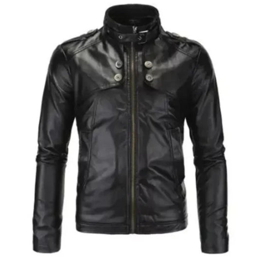 Women black leather motorcycle jacket with asymmetrical zipper, lapel collar, and classic biker style design